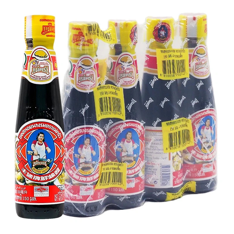 Four bottles of Maekrua Oyster Sauce 150ml each, showcasing the dark, thick sauce in clear glass bottles with labels.