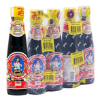 Four bottles of Maekrua Oyster Sauce 150ml each, showcasing the dark, thick sauce in clear glass bottles with labels.