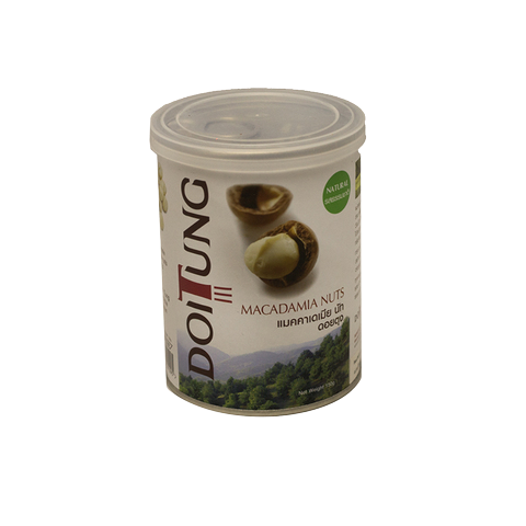Doi Tung Macadamia Nuts with natural flavor, shown in a close-up image of roasted, crunchy snacks in their packaging.