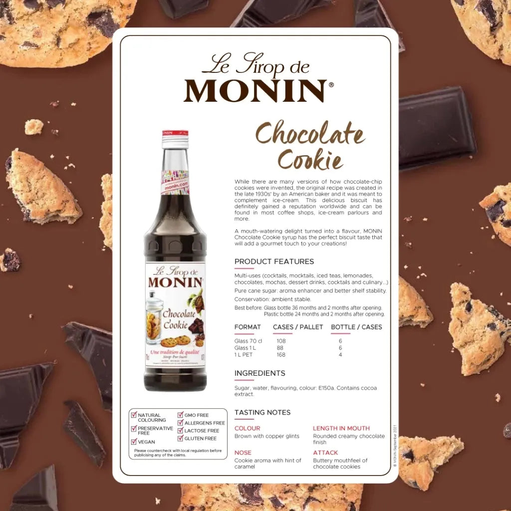 Bottle of MONIN Chocolate Cookies Syrup in 700ml bottle, ideal for baking and coffee flavoring in dry grocery products.