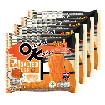 Nongshim Oriental Kitchen Salted Egg dried instant noodles in a grocery package, showcasing the flavorful noodle dish.