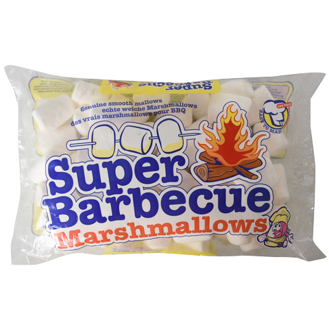 Super Barbecue Marshmallows, confectionery snacks, fluffy white marshmallows in a clear bag with a colorful label and branding.