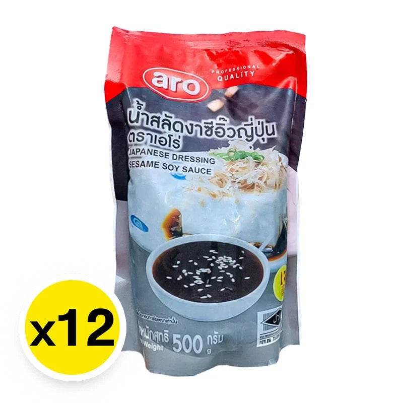 ARO Japanese Dressing Sesame Soy Sauce 500g bottle, showcasing the dark soy sauce with sesame flavor in a clear plastic container.