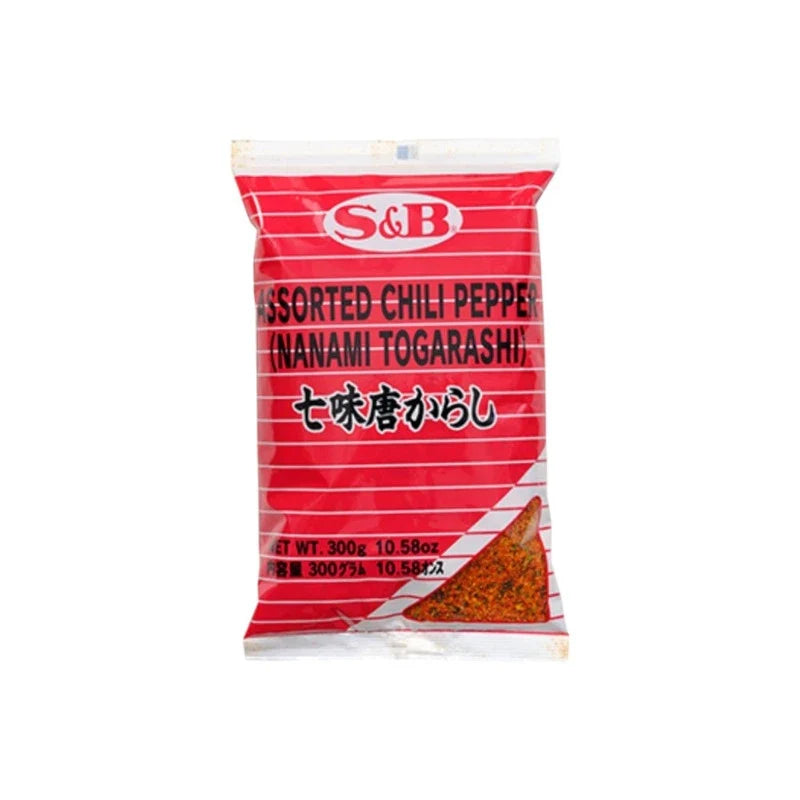 S & B Marco Polo Shichimi Togarashi chili pepper powder in a spice jar, showcasing the colorful assorted dried chili spice blend.