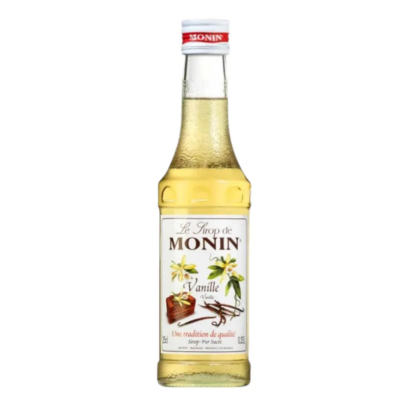 Bottle of Monin Vanilla Syrup 250ml for drinks and desserts, featuring a clear label and dark syrup inside.