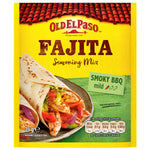 Old El Paso Smoky BBQ Fajita Seasoning Mix in a packet, ideal for flavorful fajita and barbecue dishes.