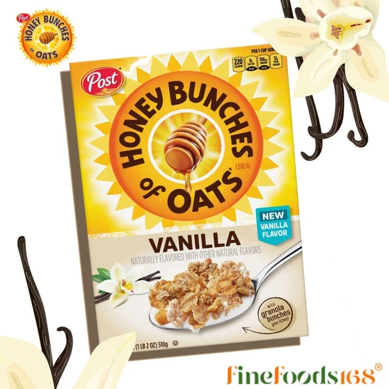 Post Honey Bunches of Oats Vanilla cereal in a 340g box, showing the dry grocery packaging with the product branding.
