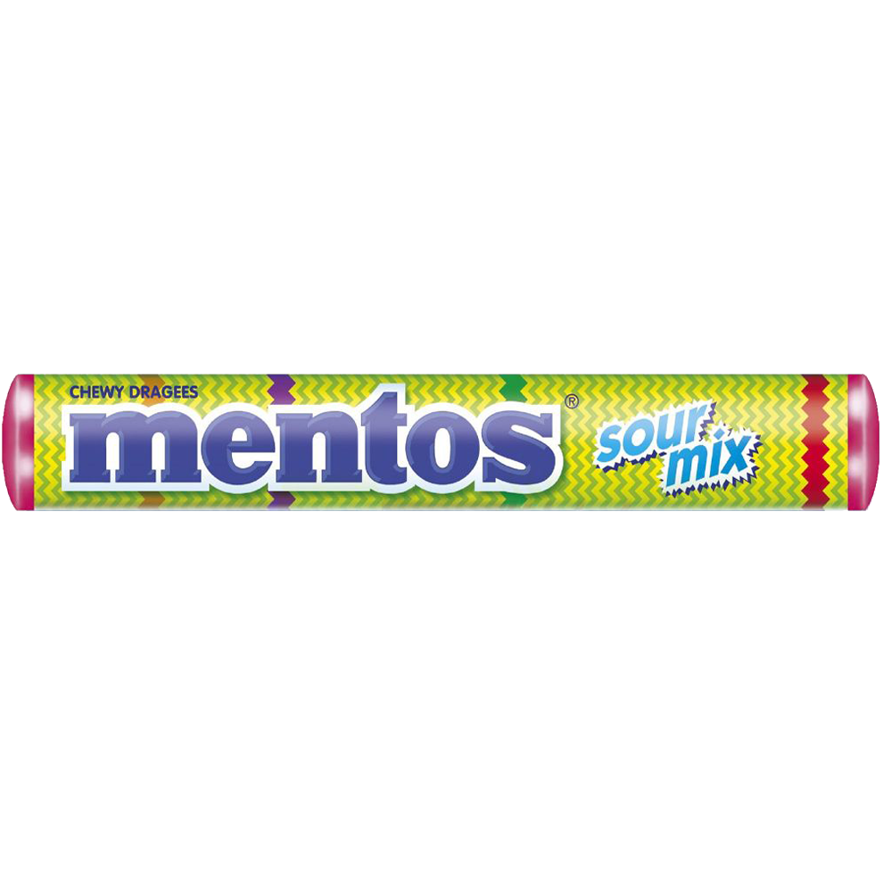 Colorful Mentos Sour Mix chewy candies in bright packaging, showcasing a variety of fruit-flavored confectionery snacks.