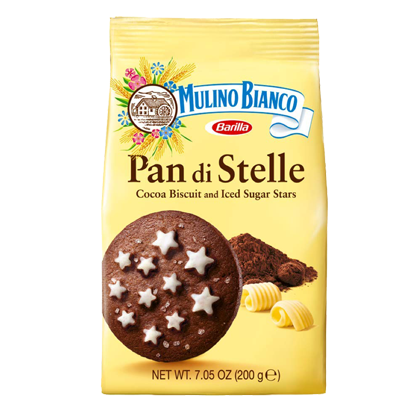 Barilla Mulino Bianco Pan Di Stelle cocoa biscuits with iced sugar topping, a sweet confectionery snack.