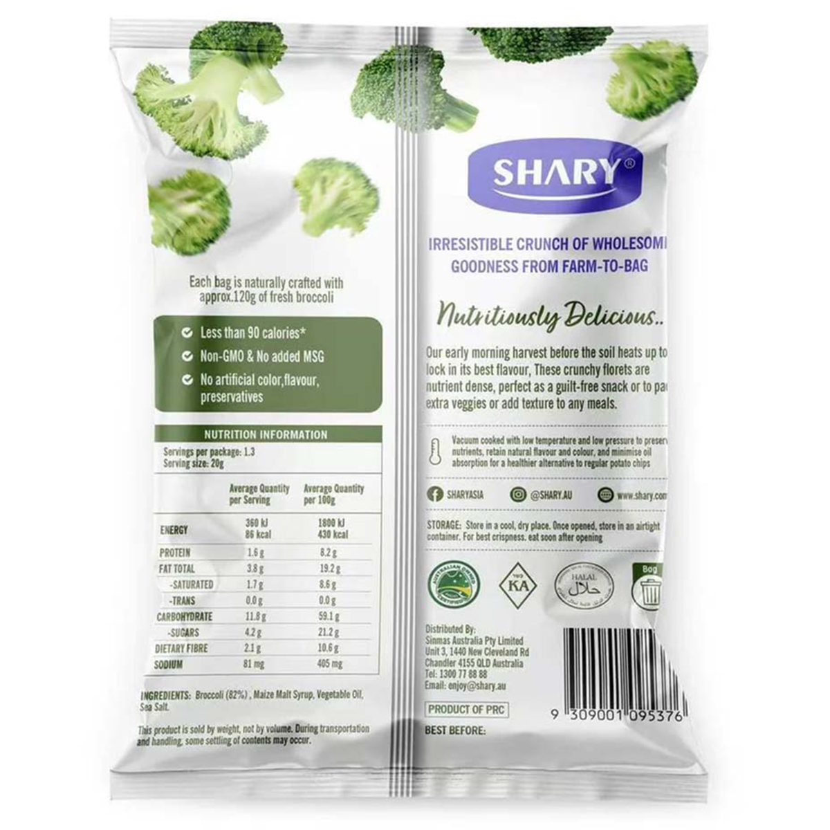 Shary Crisps Broccoli confectionery snacks in bright packaging, featuring broccoli-shaped candies with green and white coloring.