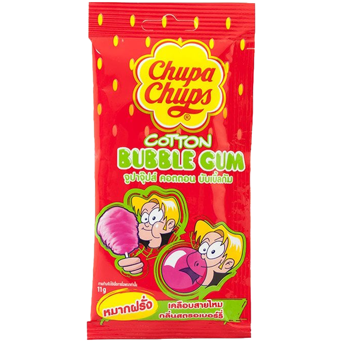 Assorted Chupa Chups Cotton Bubble Gum packets with colorful packaging, featuring strawberry flavor and other fruit varieties.