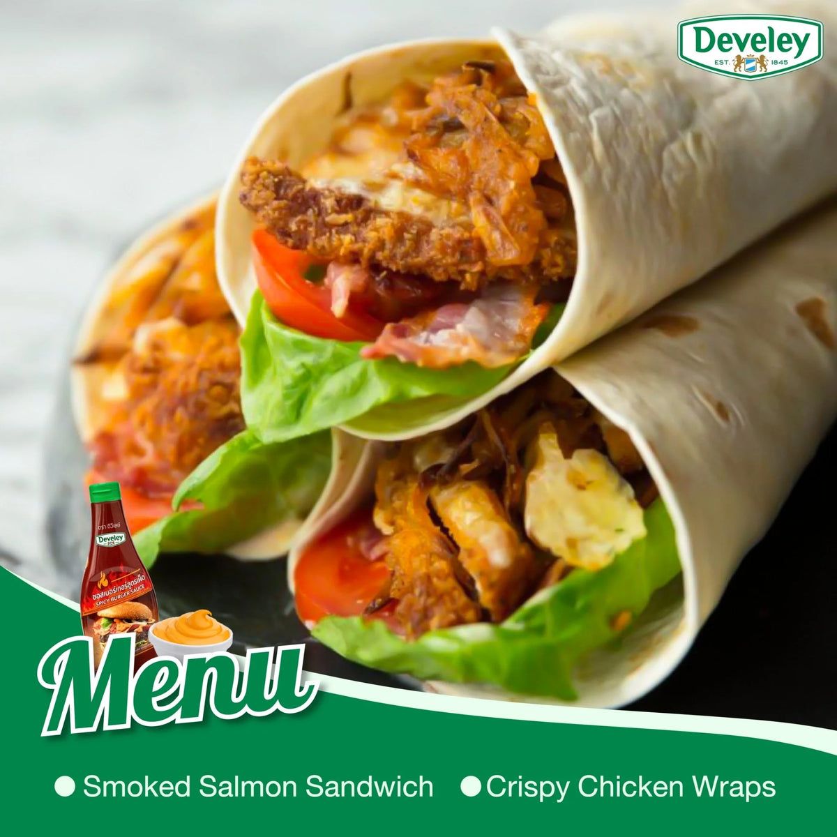 Develey Spicy Burger Sauce bottle, dry grocery product with a red and yellow label, suitable for enhancing burgers.