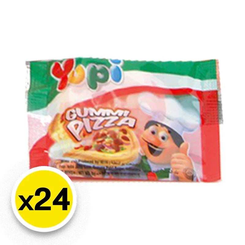 YUPI Yupi Gummy Pizza snack pack with 8g candies, colorful gummy pizza shaped sweets in a clear package.