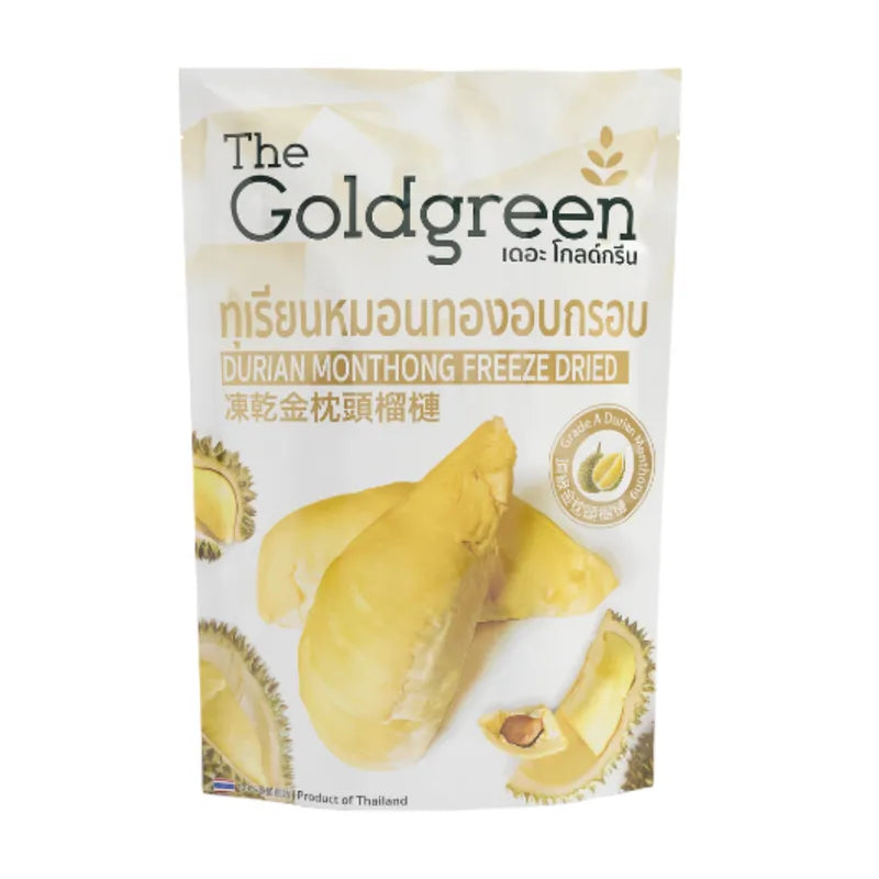Goldgreen Freeze Dried Durian Monthong 78g, dry grocery snack with golden dried durian fruit slices.
