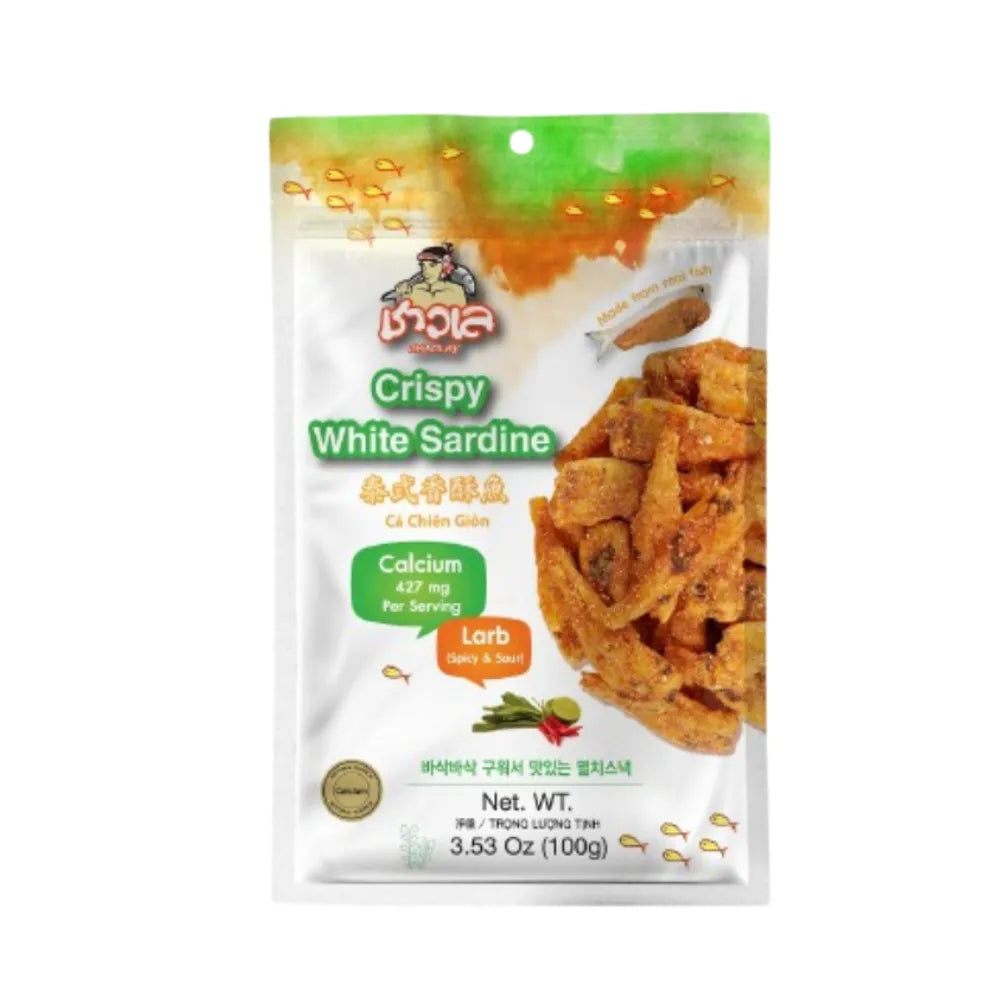 Chaolay Crispy White Sardine snacks in 100g packs, packaged in six, with visible crispy sardine pieces and branding on the packaging.