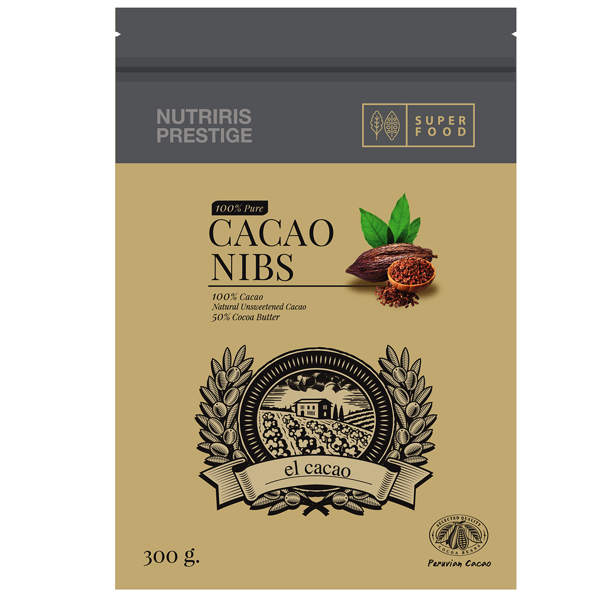 El Cacao Cacao Nibs drink in a glass, featuring dark chocolate-colored liquid with cacao nibs visible, served in a clear glass.