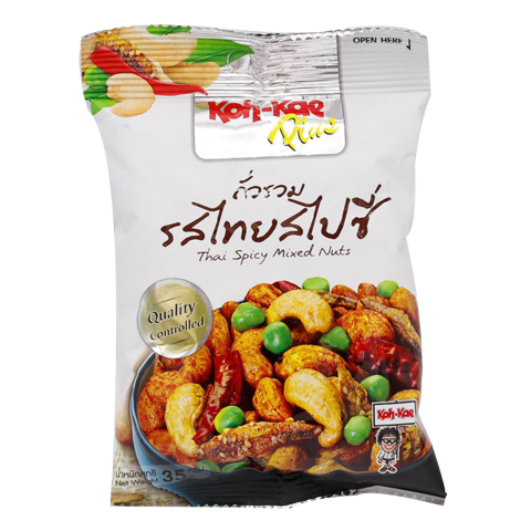 Koh-Kae Thai Spicy Mixed Nuts snack pack featuring a variety of seasoned peanuts and nuts in colorful packaging.