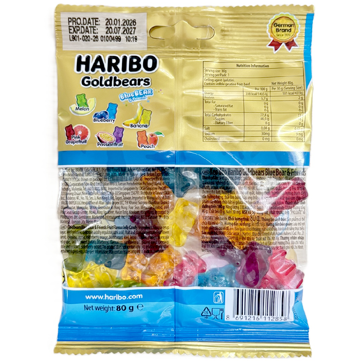 Haribo Gold Bears Blue Bear and friends, colorful confectionery snack gummies in bright packaging.