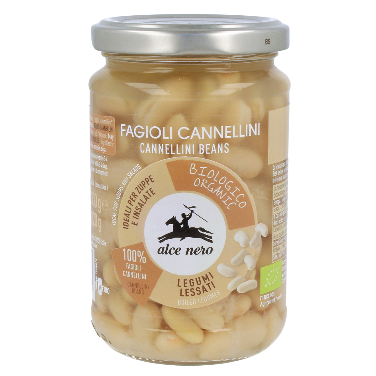 Organic Alce Nero boiled cannellini beans in a bowl, ready to serve, showcasing the white beans used in various dishes.