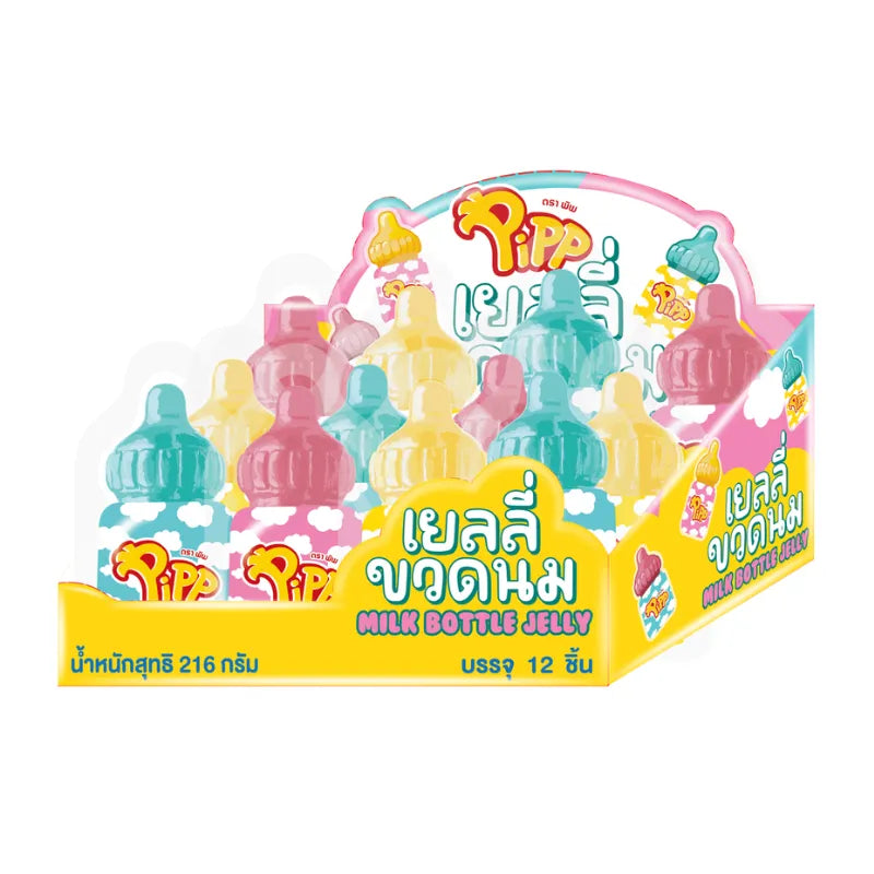 PIPP strawberry-flavored milk bottle-shaped gelatin jelly snacks, 18g x 12-pack, dry grocery confectionery product.