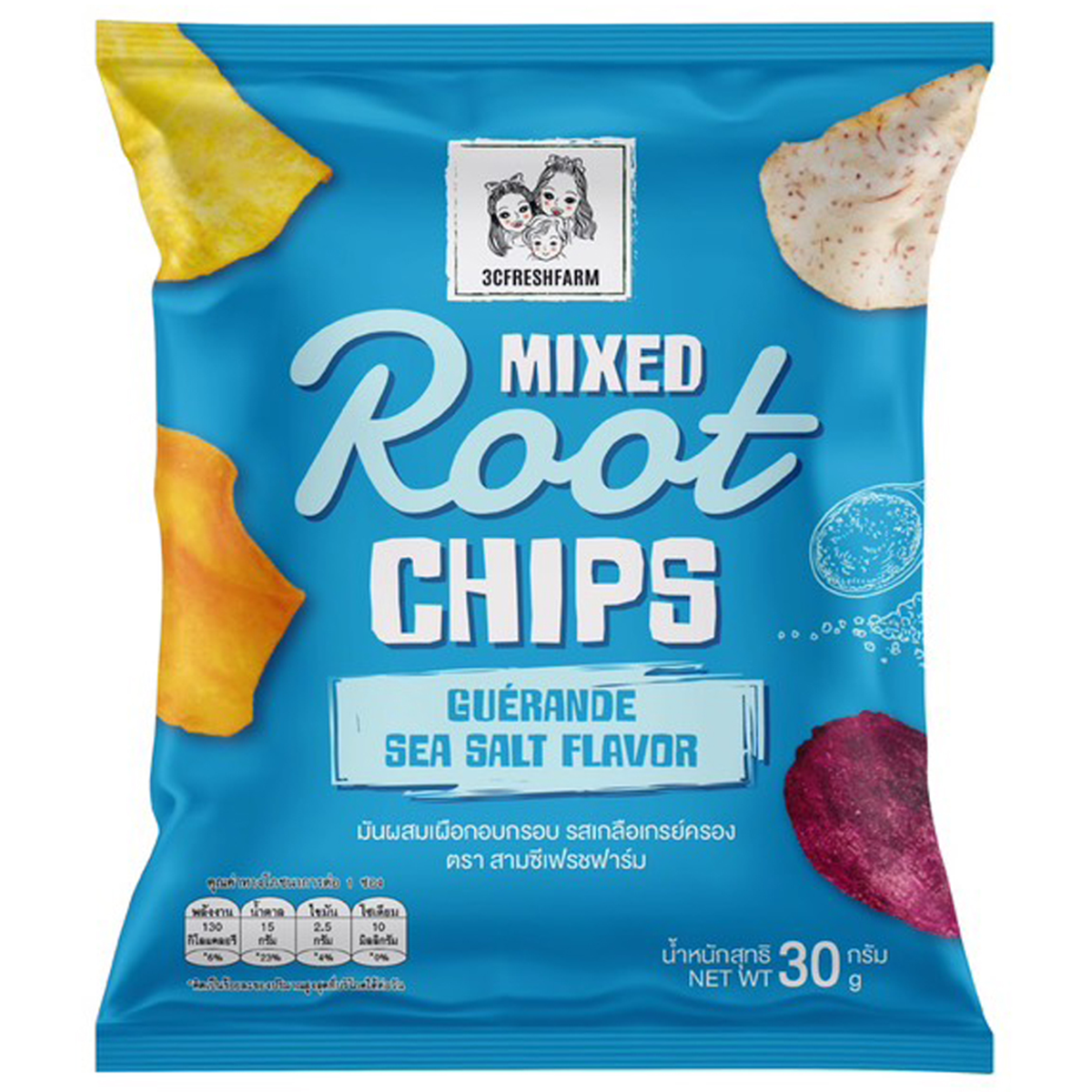 3c Freshfarm Mixed Root Chips with sea salt, a crunchy confectionery snack featuring colorful root vegetable slices.