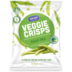 Shary Crisps Snap Pea confectionery snacks in a colorful package, featuring bright green snap peas and playful design elements.