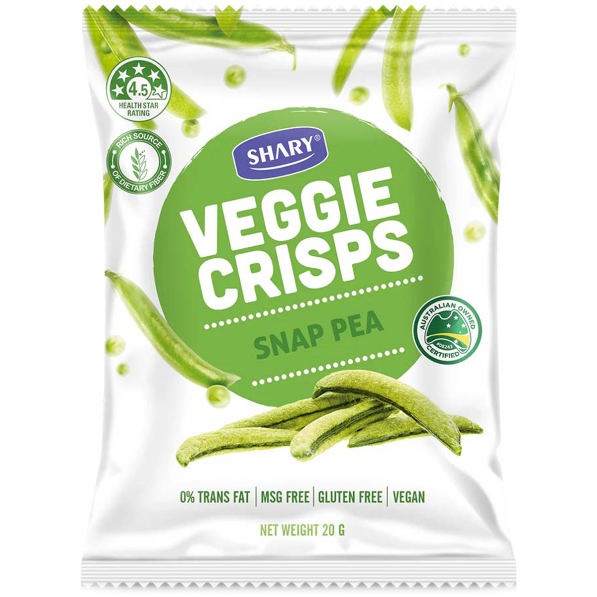 Shary Crisps Snap Pea confectionery snacks in a colorful package, featuring bright green snap peas and playful design elements.