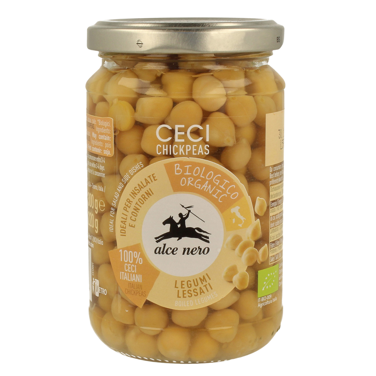 Cooked organic chickpeas in a bowl, offered by Alce Nero, showcasing their natural texture and light color.