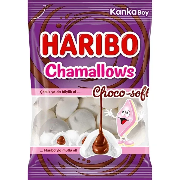 Haribo Chamallows Choco Soft confectionery snacks featuring soft marshmallow treats with chocolate coating, ideal for snacking.