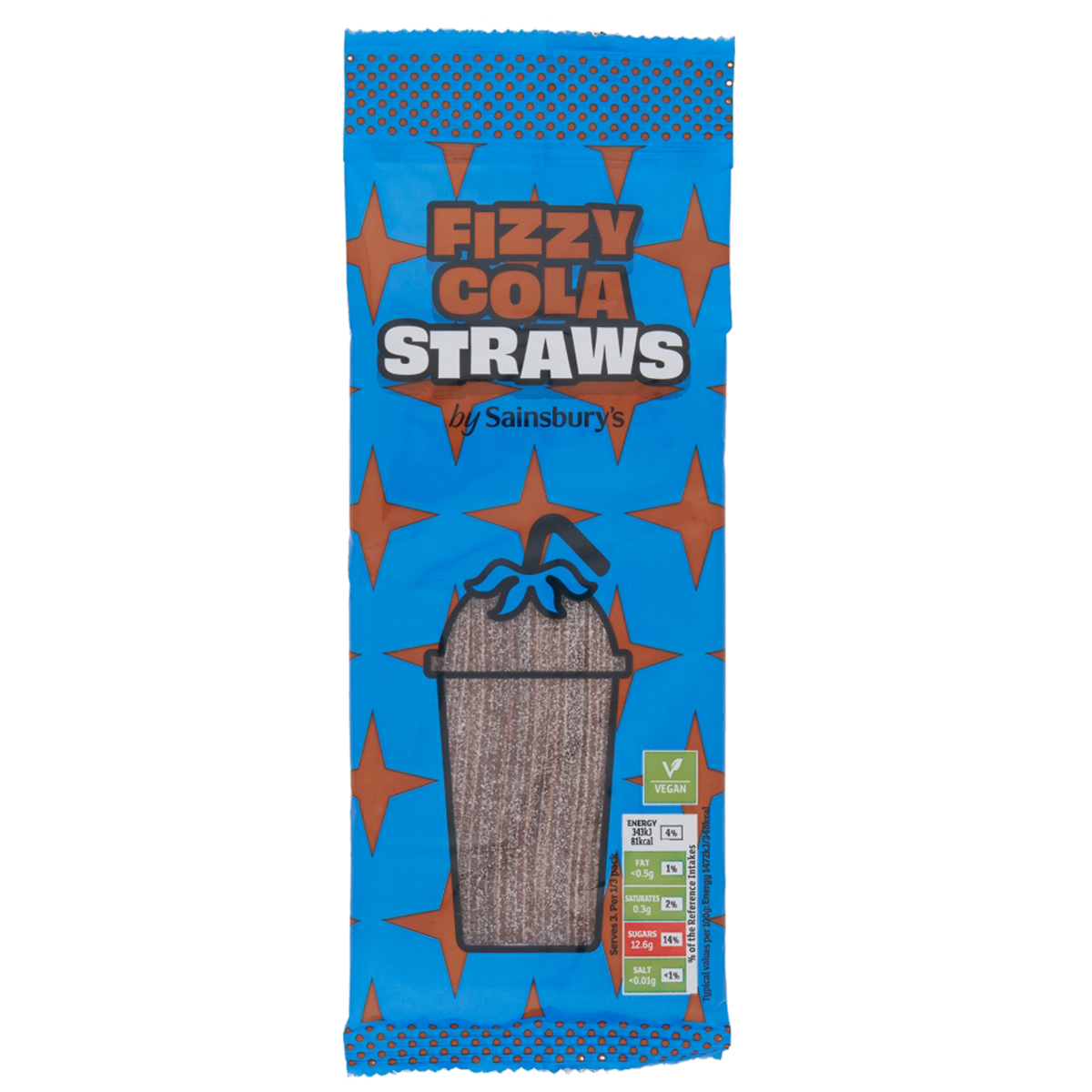 Sainsbury's Fizzy Cola Straw Sweets in clear plastic bag, colorful chewy confectionery snacks with fizzy cola flavor.