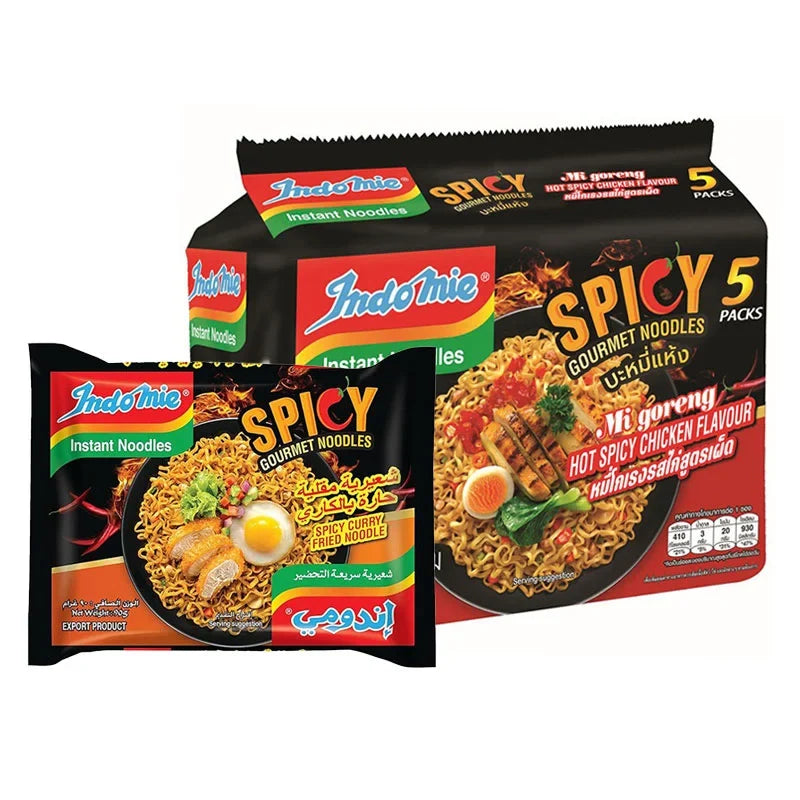 Pack of five Indo MIE Mi Goreng Spicy Chicken instant noodle packets, dry grocery, with spicy chicken flavor packaging.