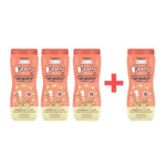 Peachy cereal puff snacks in clear jar, dry grocery snack, colorful puffed cereal, perfect for snacking or breakfast.