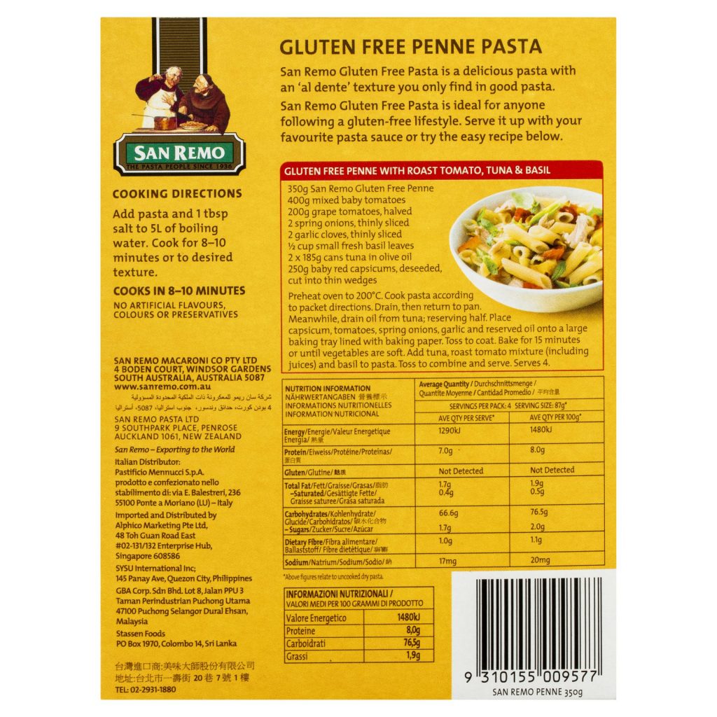 San Remo gluten-free penne pasta in a clear container, showcasing golden, ridged pasta ideal for healthy Italian dishes.