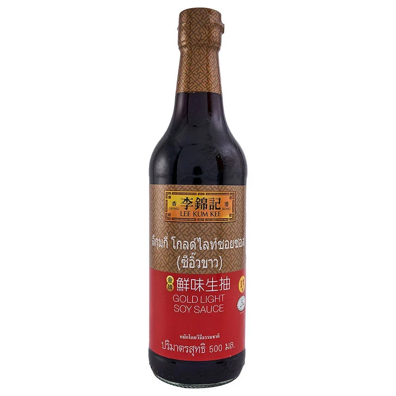 Bottle of LEE KUM KEE Premium Light Soy Sauce 500ml for cooking, in a clear glass bottle with a black screw cap.