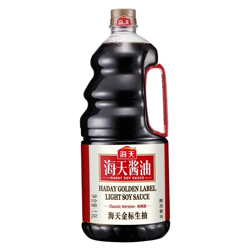 HADAY Golden Soy Sauce 1.9L bottle, dry grocery product with a golden label and clear plastic container, suitable for cooking and seasoning.