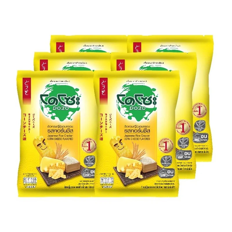 Dozo Crispy Japanese rice snack with corn cheese flavor, 56g pack, shown in a colorful snack bag from the dry grocery section.