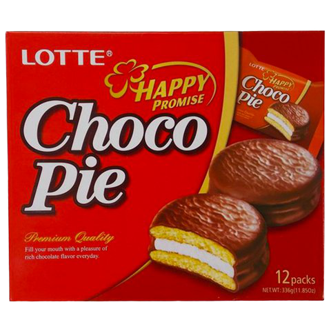 Lotte Choco Pie confectionery snack with chocolate coating and marshmallow filling, displayed on a plate.