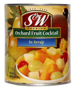 Canned S&W Fruit Cocktail in a transparent jar showing mixed fruit pieces, including peaches, pears, and cherries.