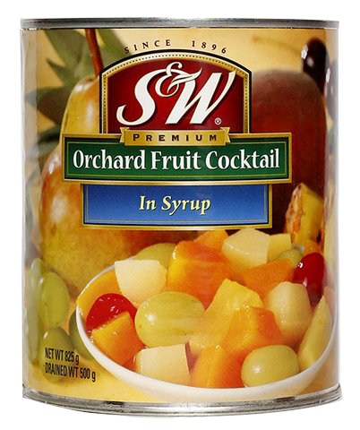 Canned S&W Fruit Cocktail in a transparent jar showing mixed fruit pieces, including peaches, pears, and cherries.