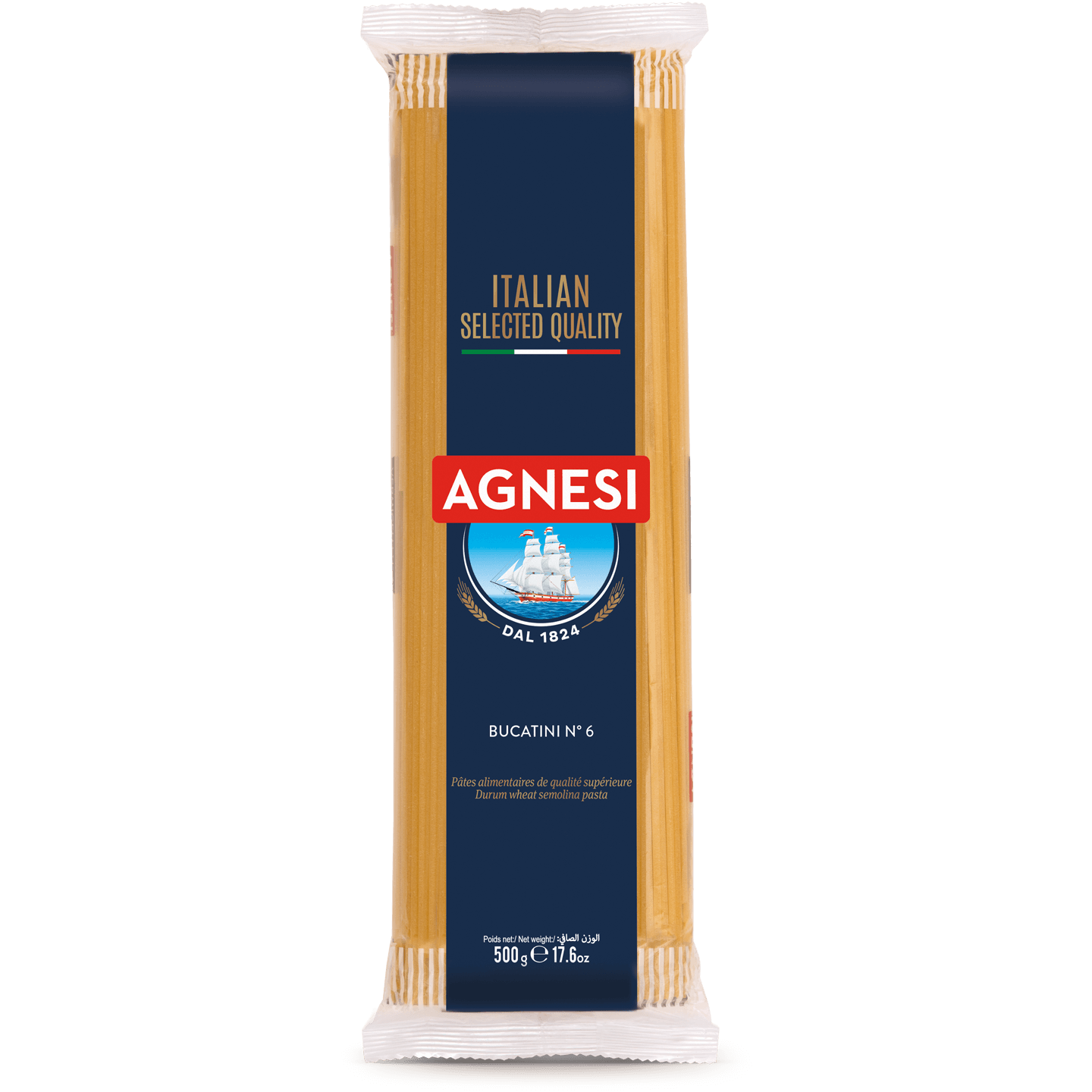 Agnesi Pasta Bucatini #6, Italian grocery pasta in a clear package, showing long, thin, tube-shaped pasta strands.