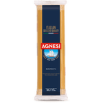 Agnesi Pasta Bucatini #6, Italian grocery pasta in a clear package, showing long, thin, tube-shaped pasta strands.