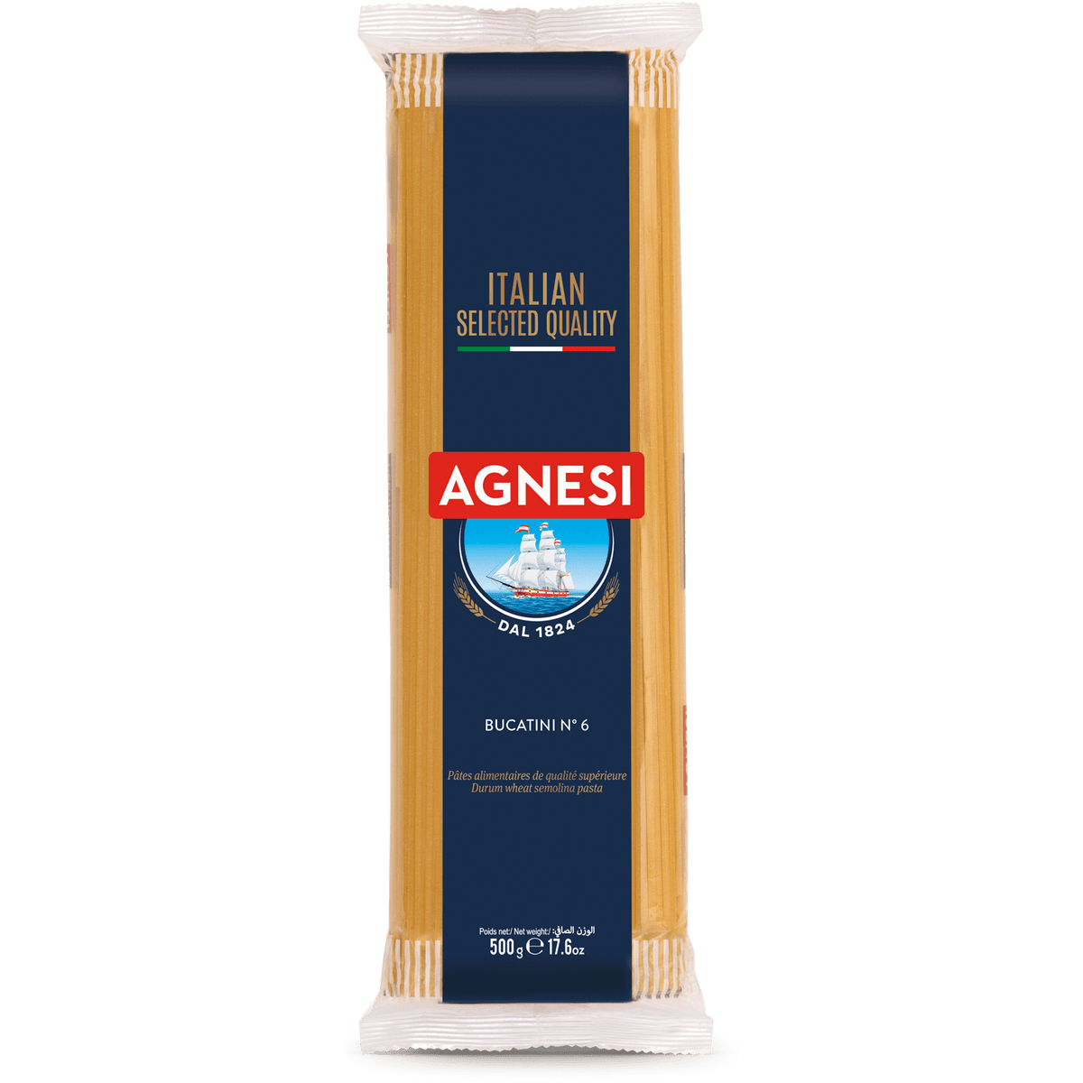 Agnesi Pasta Bucatini #6, Italian grocery pasta in a clear package, showing long, thin, tube-shaped pasta strands.