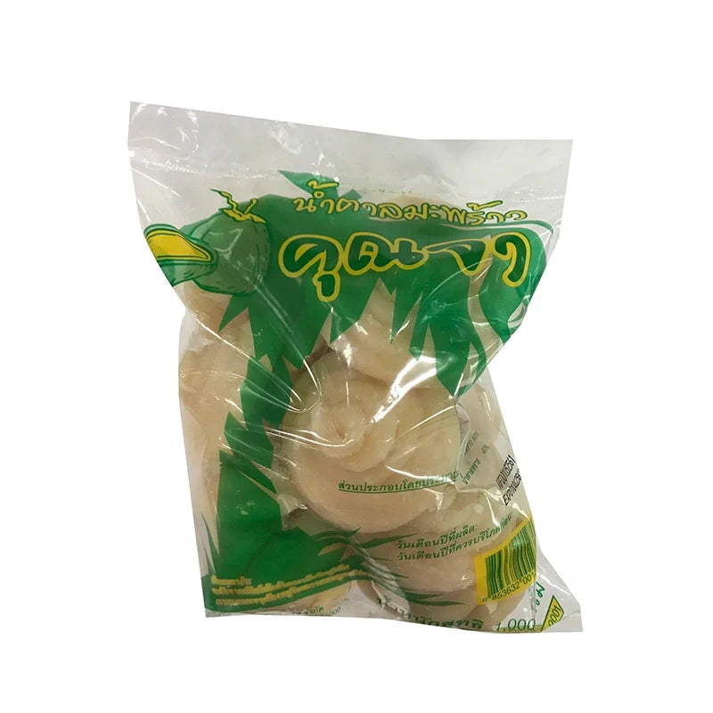 Khun JA coconut palm sugar 1kg in a clear bag, dry grocery product with brown, granular sugar suitable for baking and cooking.