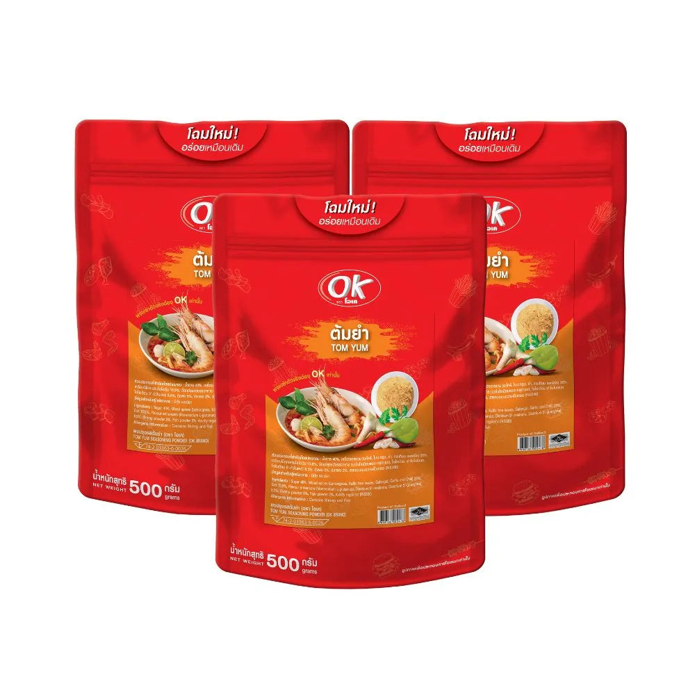 OK Shake Powder Tom Yum flavor in 500g package, dry grocery product with spicy Thai soup seasoning and flavoring.