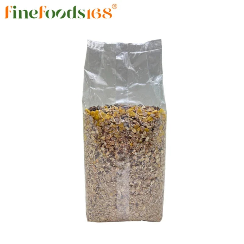 Hahne Fruit Muesli in a 1000g package, showing a bowl of mixed dried fruits and oats, perfect for breakfast.