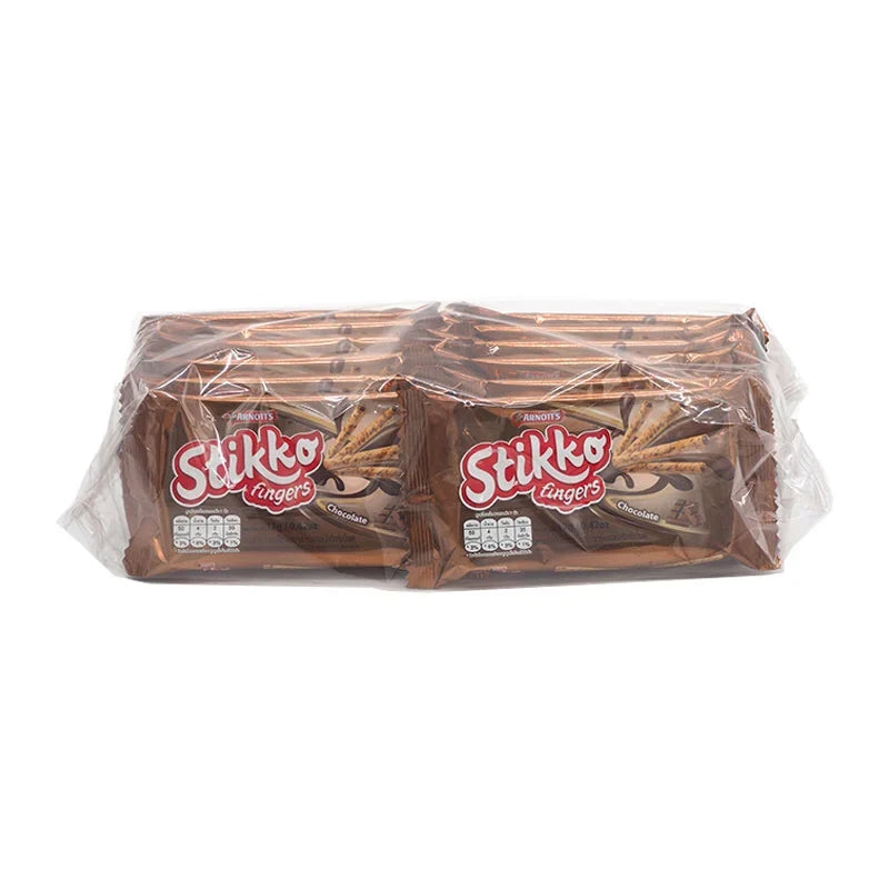 Arnotts Stikko Wafer Cream Choc snack pack showing crispy wafer sticks with chocolate cream filling, 12g x 12 packs.