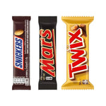 Twix Double Bar Mars Snickers 50g chocolate bars from Twix, featuring layered caramel, nougat, and chocolate in a dry grocery product image.