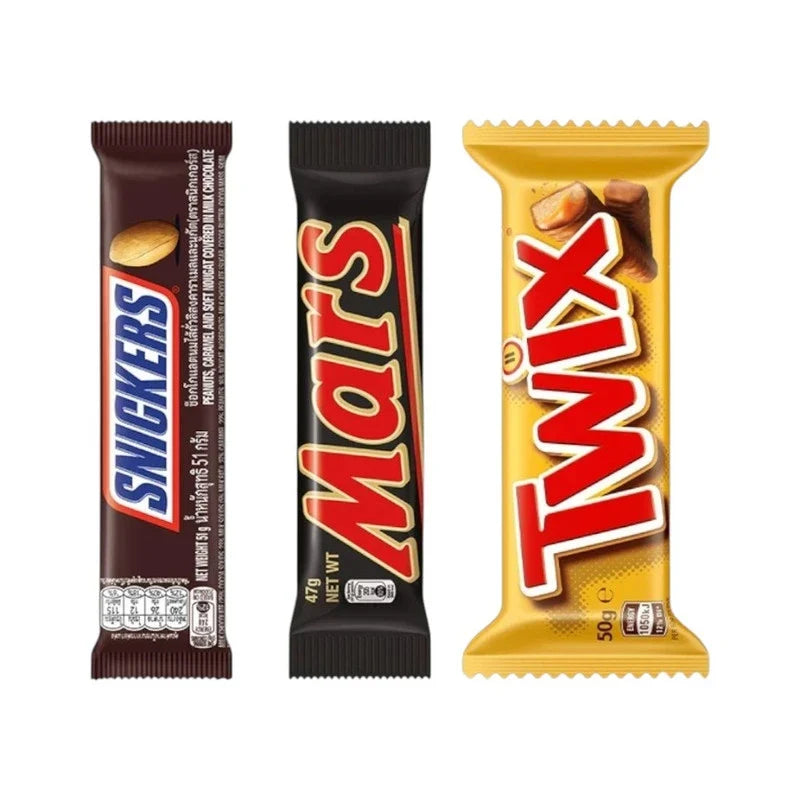 Twix Double Bar Mars Snickers 50g chocolate bars from Twix, featuring layered caramel, nougat, and chocolate in a dry grocery product image.