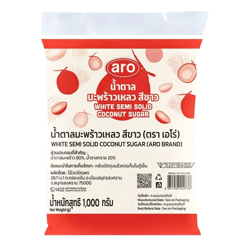 ARO White Semi Solid Coconut Sugar 1kg in a clear plastic bag, showing the white semi-solid granulated sugar for baking and cooking.