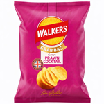 Walkers Prawn Cocktail Crisps, crunchy confectionery snack with prawn flavor, in colorful packaging.